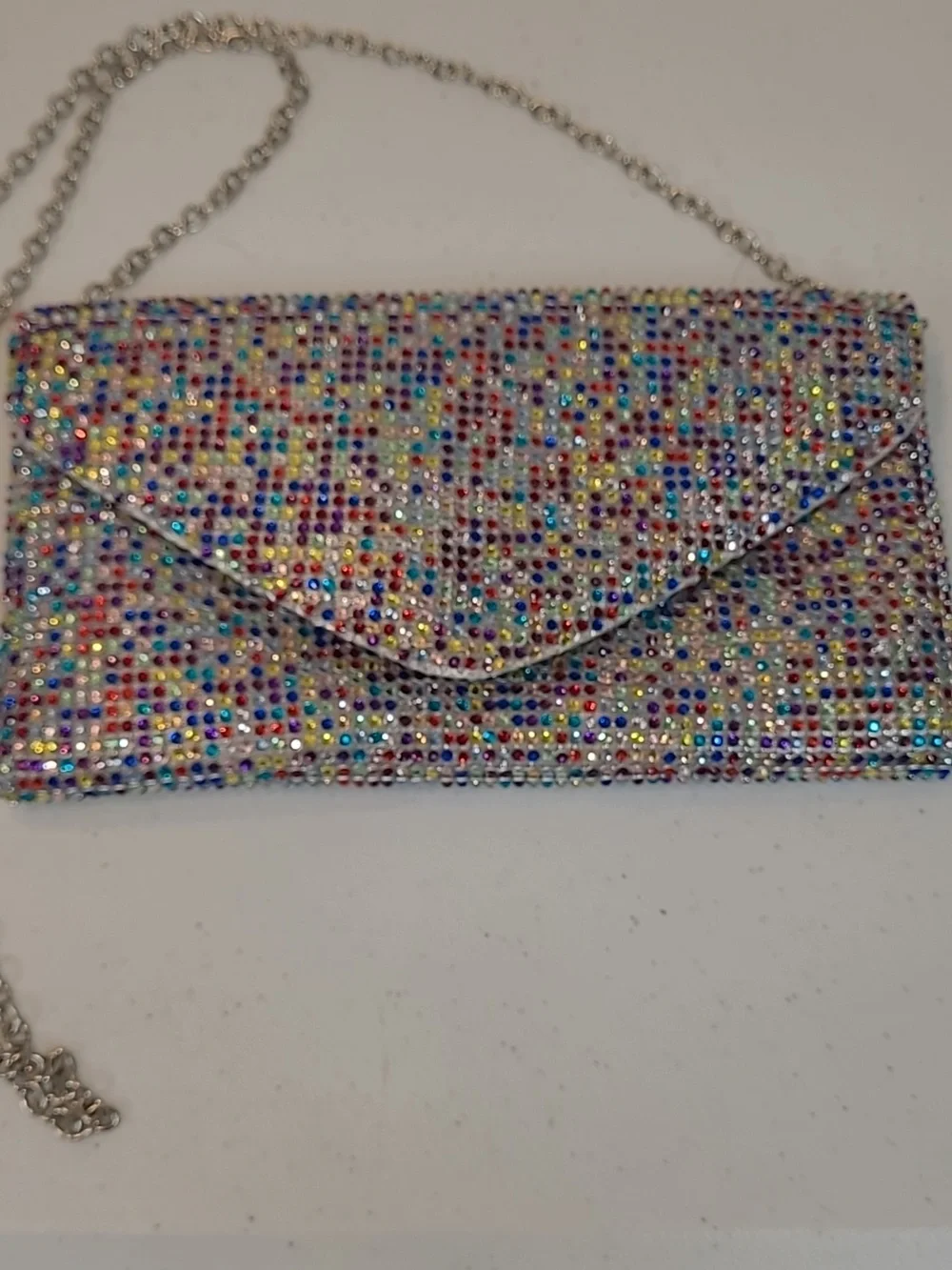Jessica McClintock Crystal Multicolor Envelope Clutch Bag with Chain Strap